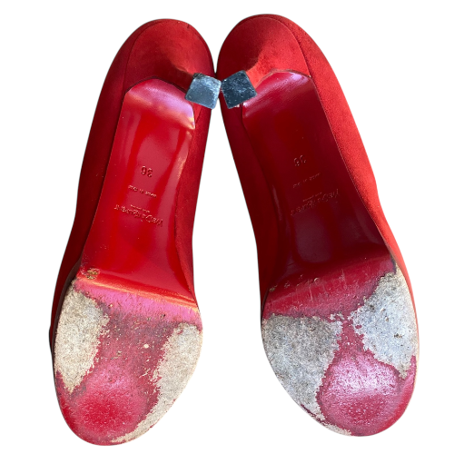 YSL SAINT LAURENT Tribtoo Red/Black Suede & Leather Platform Pumps, Size 36