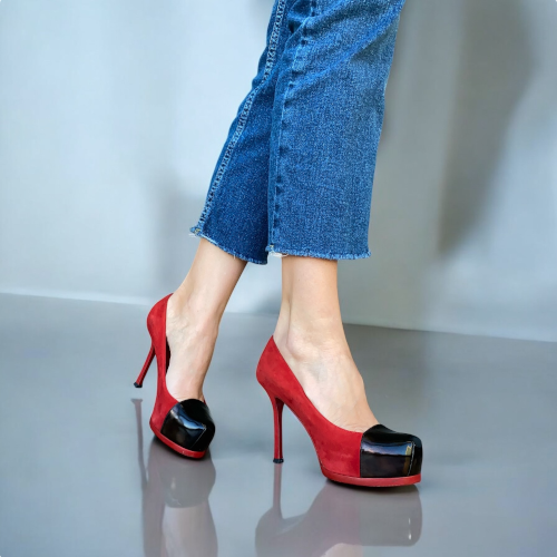 YSL SAINT LAURENT Tribtoo Red/Black Suede & Leather Platform Pumps, Size 36