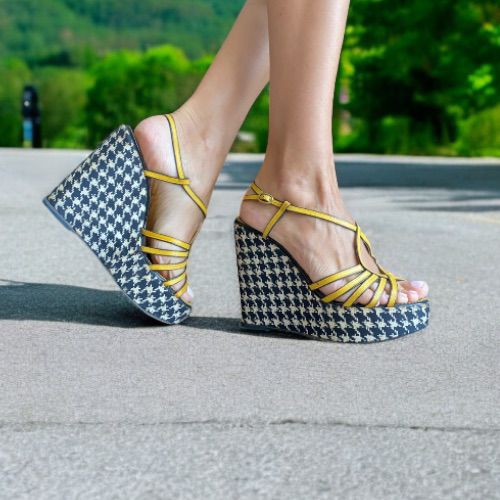 YSL SAINT LAURENT Yellow Leather Houndstooth Satin Wedge Heel Sandals, Size 38