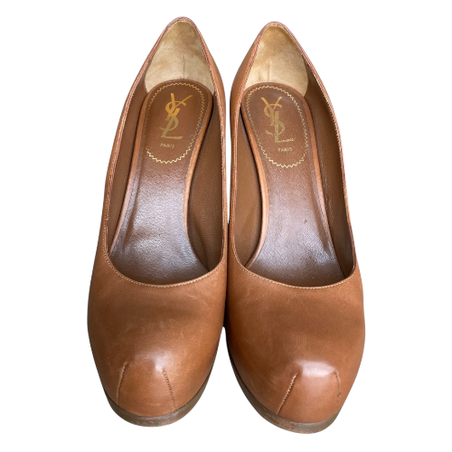 YSL YVES SAINT LAURENT Brown Leather Tribtoo Tribute Platform Pumps Size 38.5