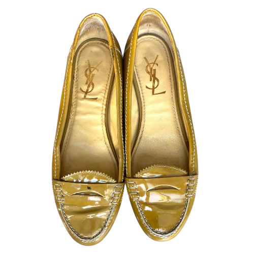 YSL YVES SAINT LAURENT Olive Green Patent Leather Flat Loafers, Size 38