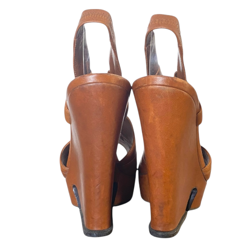 YVES SAINT LAURENT Deauville Taurillon Brown Leather Wedge Sandals, Size 39.5