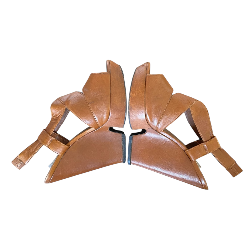 YVES SAINT LAURENT Deauville Taurillon Brown Leather Wedge Sandals, Size 39.5