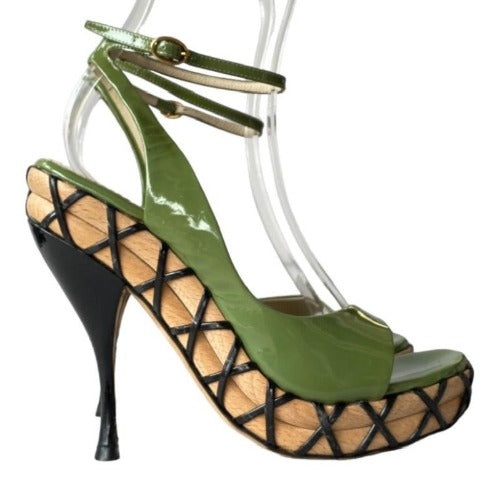 YVES SAINT LAURENT Green Patent Leather Wooden Sole Platform Sandals, Size 36.5