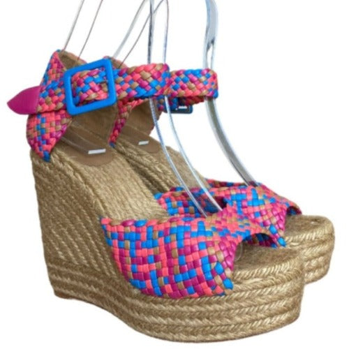 HERMES Multicolor Braided Leather Ankle Strap Espadrille Wedges Sandals, Size 40
