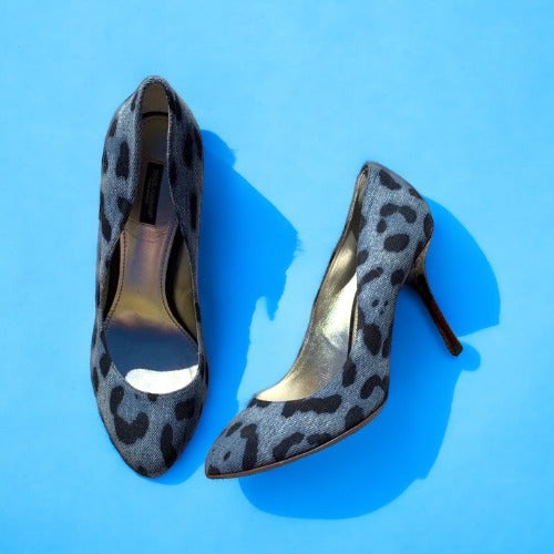 DOLCE & GABBANA Blue/Black Leopard Print Denim Wooden Heels Pumps, Size 38