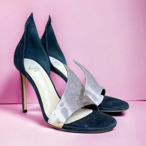 FRANCESCO RUSSO Riso 87 Black Suede Greige Nubuck D’Orsay Open Toe Sandals, 37