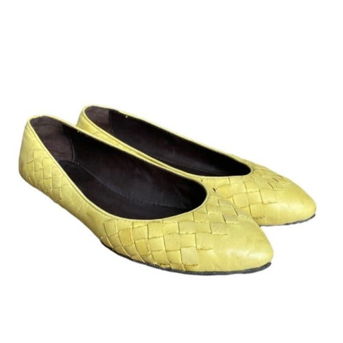 BOTTEGA VENETA Mustard Yellow Intrecciato Leather Flat Ballet Shoes, Size 36