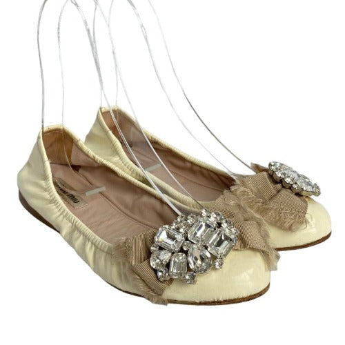 MIU MIU Ivory Patent Leather w Ribbon & Swarovski Crystals Ballerina Flats, 36.5