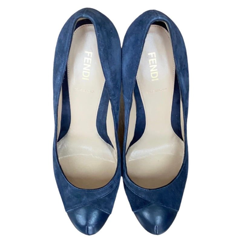 FENDI Navy Suede, Leather Cap Toe , FF Logo Hidden Platform Pumps, Size 38.5