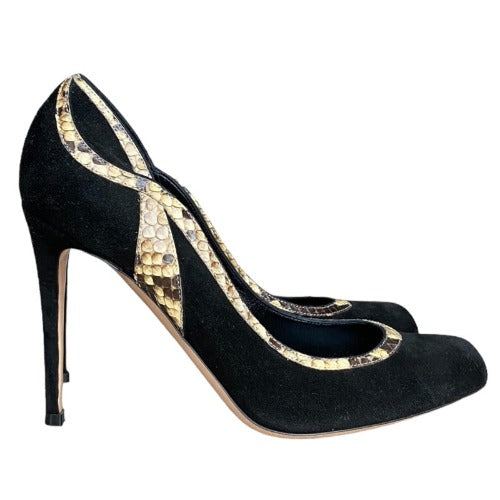 NEW GIANVITO ROSSI Black Suede Python Trimmed Pointed Toe Pumps, Size 39