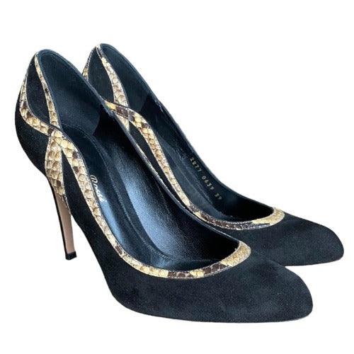 NEW GIANVITO ROSSI Black Suede Python Trimmed Pointed Toe Pumps, Size 39