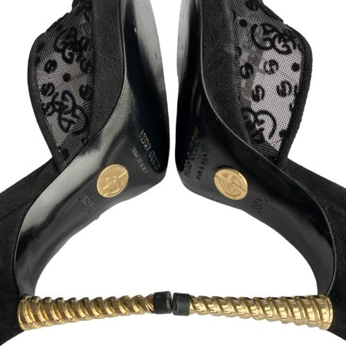 GIORGIO ARMANI Black Mesh Slingback Gold Heels Pointed Toe Pumps, Size 38.5