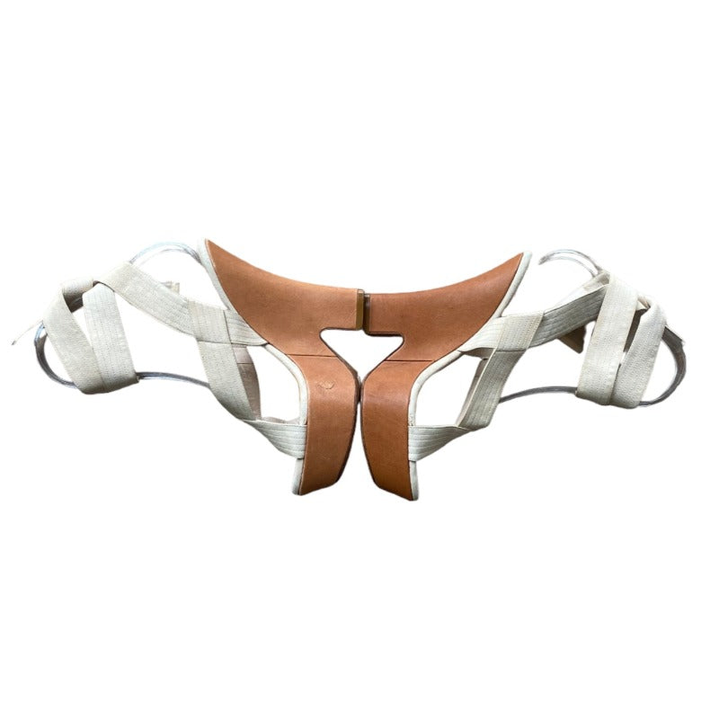 NWD CELINE Beige Suede Ankle Wrap Platform Sandals, Size 38.5