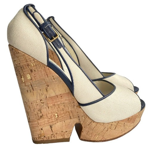 NEW YVES SAINT LAURENT Deauville Canvas Peep Toe Wedge Cork Sandals Ivory, Size 40