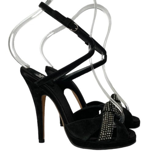 NEW DOLCE GABBANA Black Rhinestone Suede Ankle Strap Heeled Sandals, Size 36