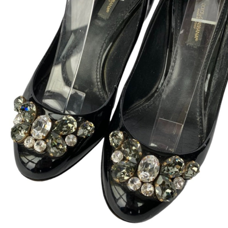 DOLCE&GABBANA Black Patent Leather with Rhinestone Buckle Low Heel Pumps, Size 36