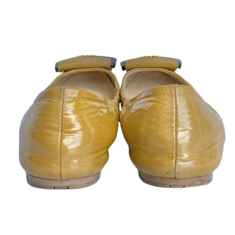 PRADA Yellow Patent Leather, Logo Buckle Fringe, Round Toe Ballet Flats, Size 36