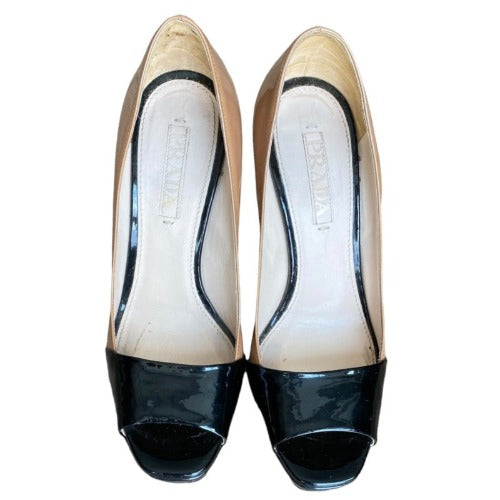 PRADA Cammeo Vernice Bicolor Black Brown Patent Peep Toe Platform Pumps, Size 37