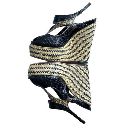 CHRISTIAN DIOR Black Beige Python Wedge Espadrille Sandals, Size 40