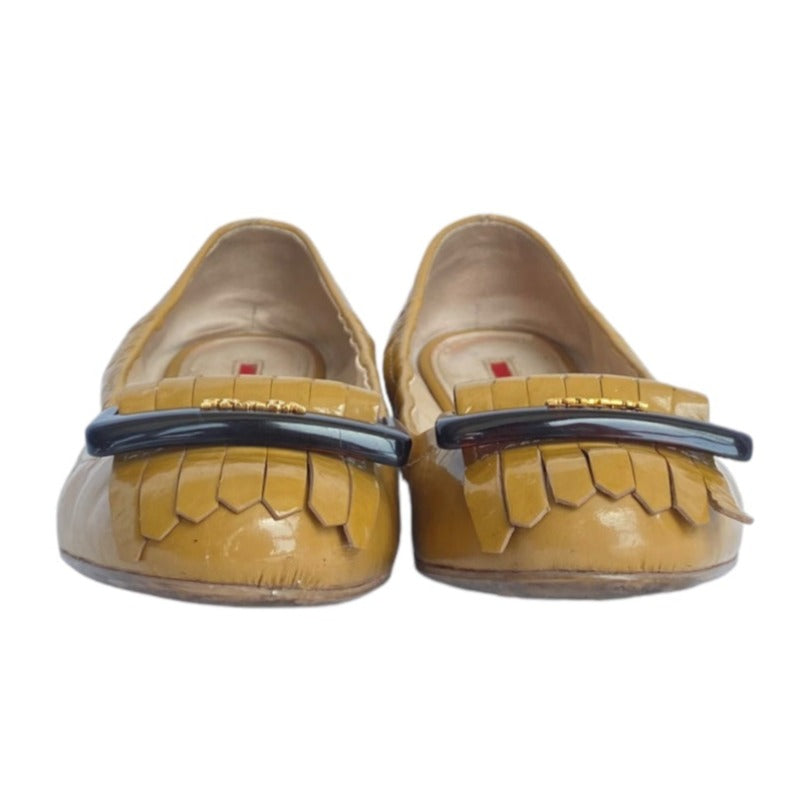 PRADA Yellow Patent Leather, Logo Buckle Fringe, Round Toe Ballet Flats, Size 36