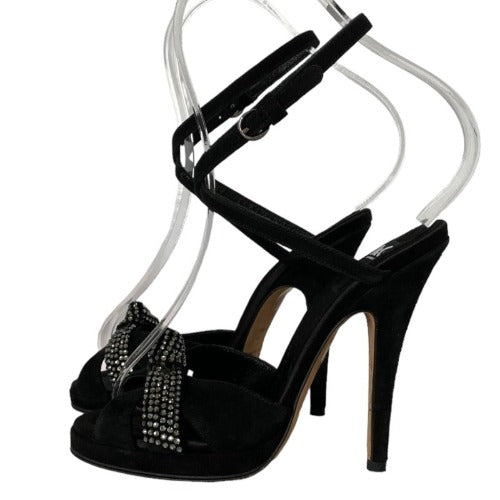 NEW DOLCE GABBANA Black Rhinestone Suede Ankle Strap Heeled Sandals, Size 36