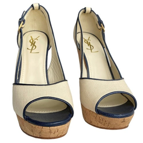 NEW YVES SAINT LAURENT Deauville Canvas Peep Toe Wedge Cork Sandals Ivory, Size 40