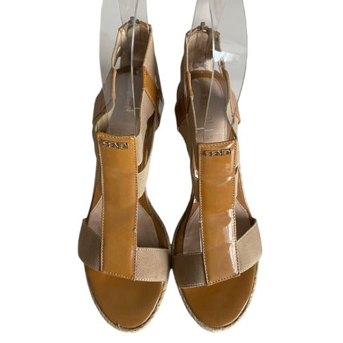 FENDI Beige Patent Leather and Elastic T-Strap Espadrille Wedge Sandals, Size 36