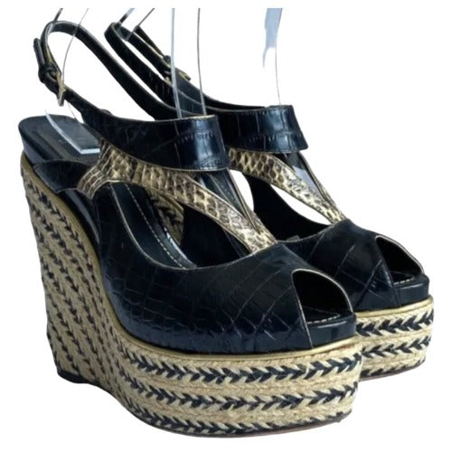 CHRISTIAN DIOR Black Beige Python Wedge Espadrille Sandals, Size 40