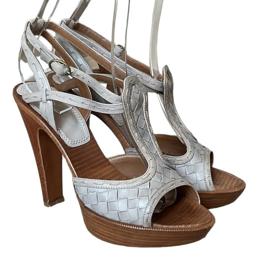 BOTTEGA VENETA Grey Intrecciato Leather Ankle Strap Platform Sandals, Size 36.5