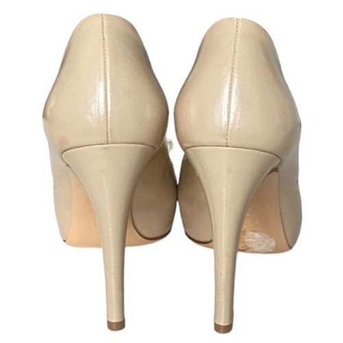 SALVATORE FERRAGAMO Poudre Leather Metal Bow Peep Toe Platform Pumps, Size 36