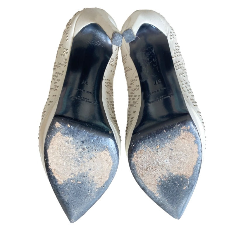 YSL YVES SAINT LAURENT White Leather Studded Janis Platform Pointed Toe Pumps, 37
