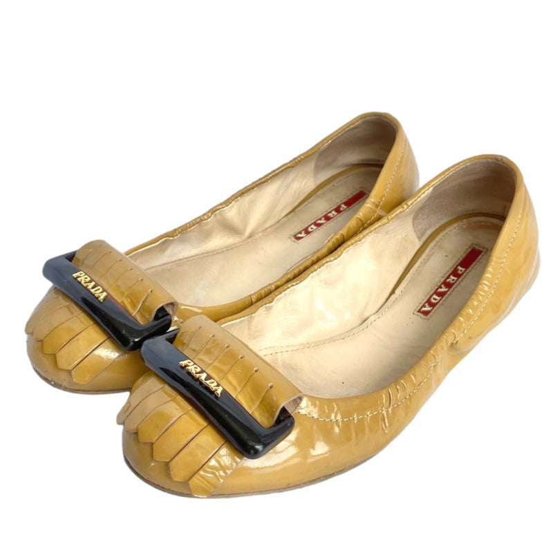 PRADA Yellow Patent Leather, Logo Buckle Fringe, Round Toe Ballet Flats, Size 36