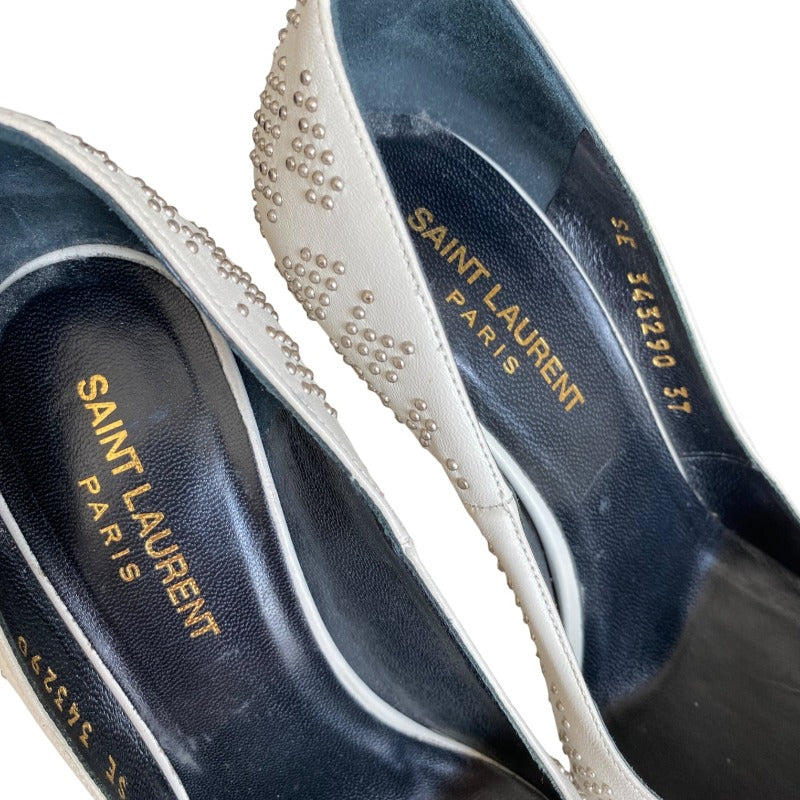YSL YVES SAINT LAURENT White Leather Studded Janis Platform Pointed Toe Pumps, 37