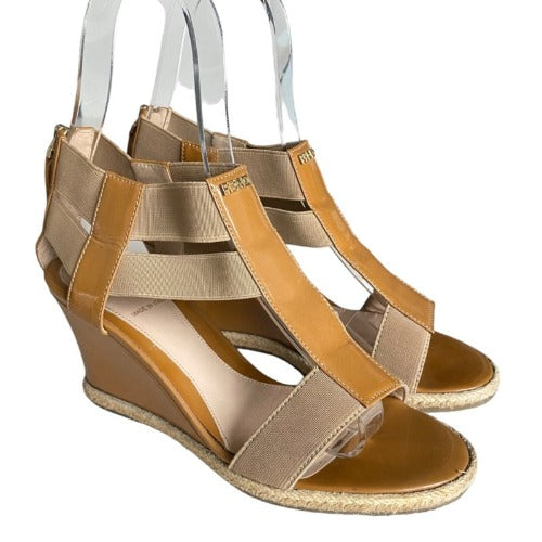 FENDI Beige Patent Leather and Elastic T-Strap Espadrille Wedge Sandals, Size 36