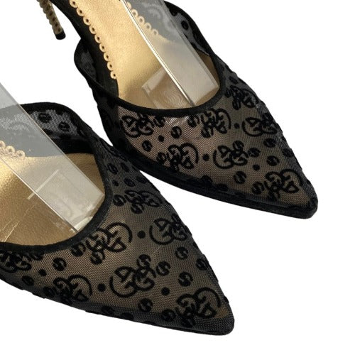 GIORGIO ARMANI Black Mesh Slingback Gold Heels Pointed Toe Pumps, Size 38.5