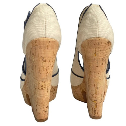 NEW YVES SAINT LAURENT Deauville Canvas Peep Toe Wedge Cork Sandals Ivory, Size 40