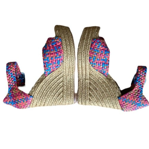 HERMES Multicolor Braided Leather Ankle Strap Espadrille Wedges Sandals, Size 40