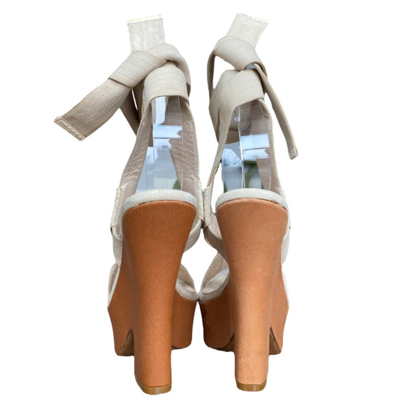 NWD CELINE Beige Suede Ankle Wrap Platform Sandals, Size 38.5