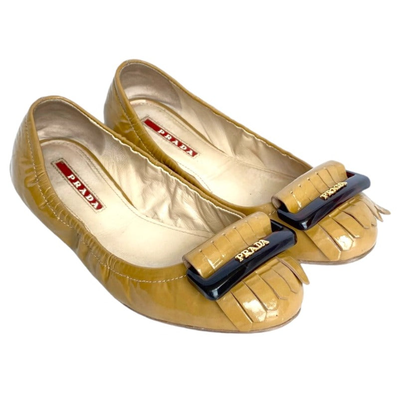PRADA Yellow Patent Leather, Logo Buckle Fringe, Round Toe Ballet Flats, Size 36
