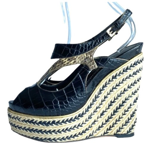 CHRISTIAN DIOR Black Beige Python Wedge Espadrille Sandals, Size 40