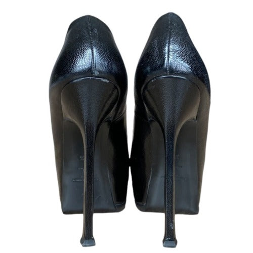 YSL YVES SAINT LAURENT Black Leather Tribtoo Tribute Platform Pumps Size 37.5