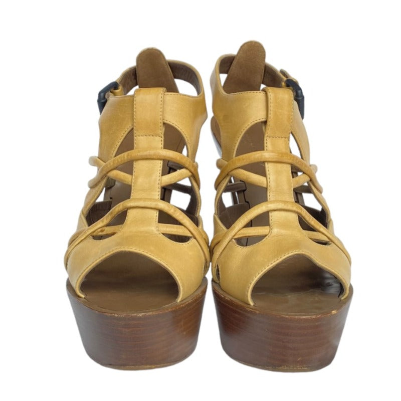 BOTTEGA VENETA Cream Leather Strappy ,Wooden Platform, Heel Sandals, Size 38