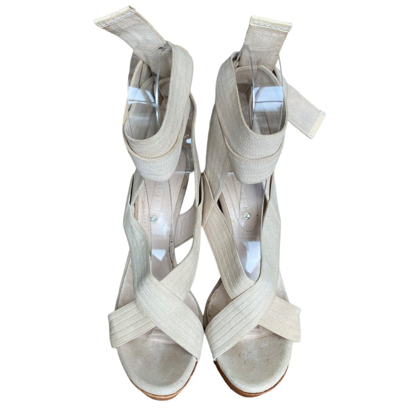 NWD CELINE Beige Suede Ankle Wrap Platform Sandals, Size 38.5