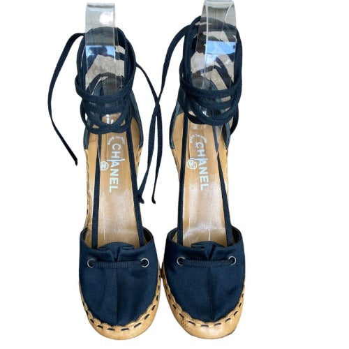 CHANEL Black Satin Interlocking Pearl CC Logo Lace Up D'Orsay Sandals Size 37.5