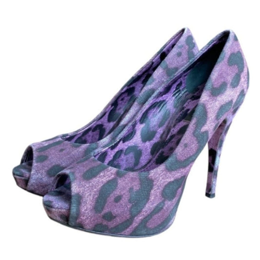 DOLCE & GABBANA Purple/Black Leopard Print Denim Peep Toe Pumps, Size 36.5