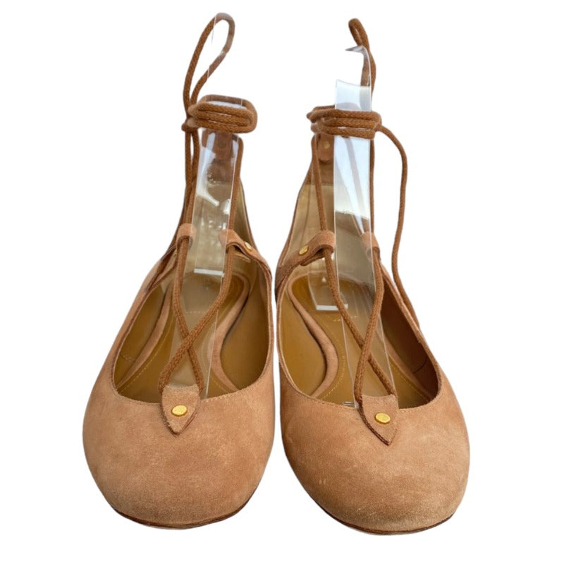 CHLOE Foster Camel Suede Lace-Up Ballerina Flat Ballet Shoes, Size 37.5