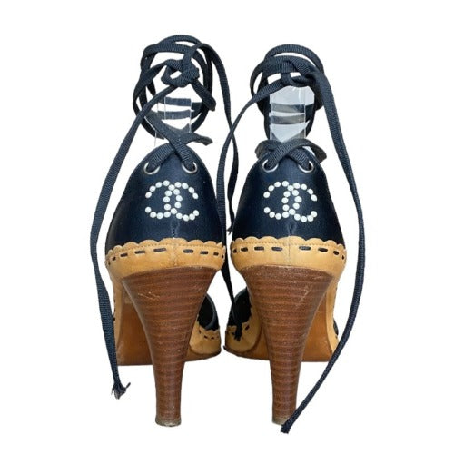 CHANEL Black Satin Interlocking Pearl CC Logo Lace Up D'Orsay Sandals Size 37.5