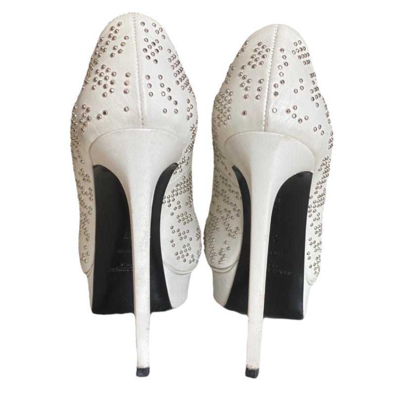 YSL YVES SAINT LAURENT White Leather Studded Janis Platform Pointed Toe Pumps, 37