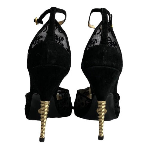 GIORGIO ARMANI Black Mesh Slingback Gold Heels Pointed Toe Pumps, Size 38.5